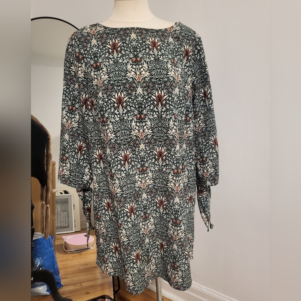 Floral Midi Dress with Tie Sleeves - Black & Brown